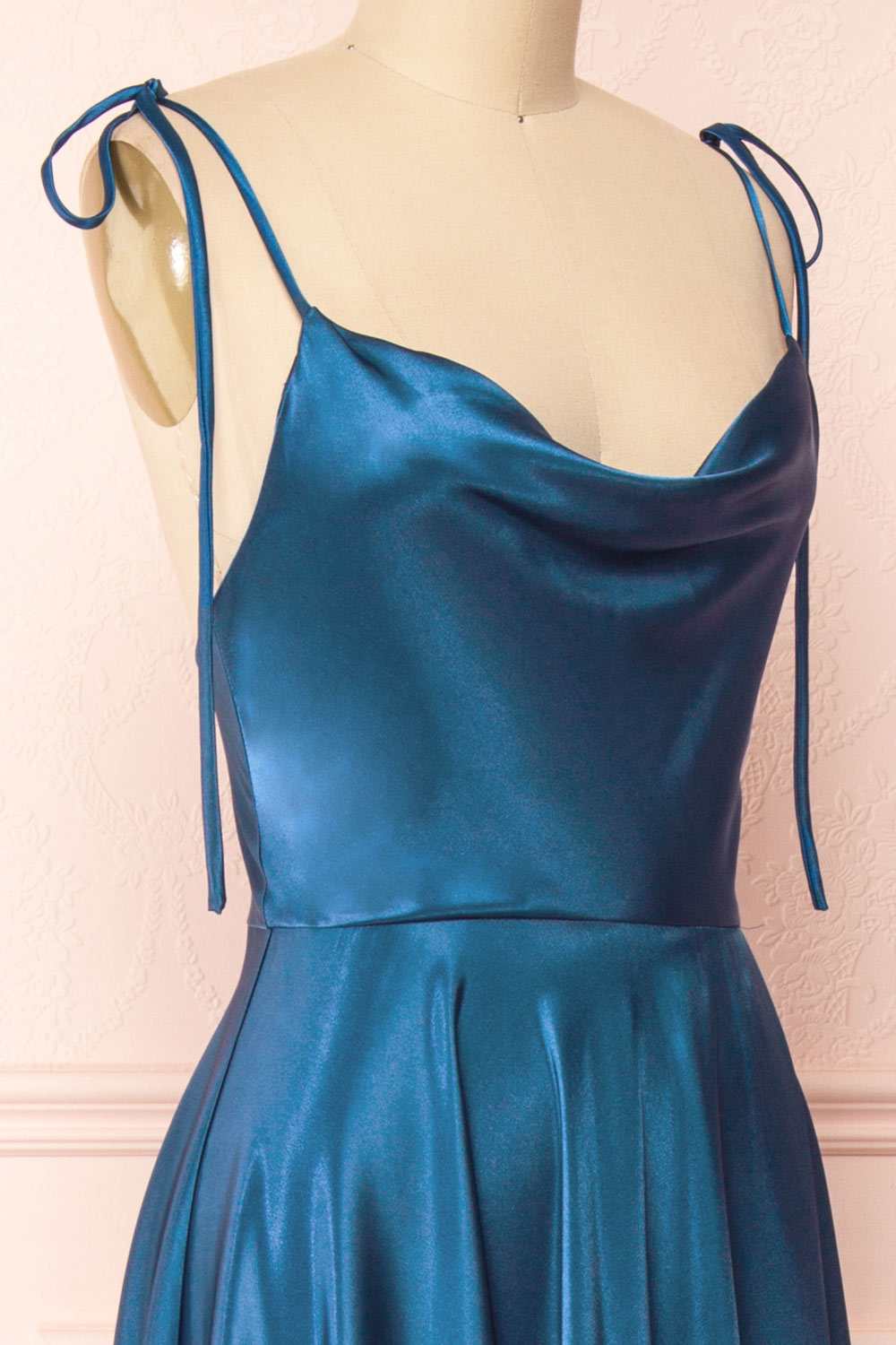 Moira Navy Cowl Neck Satin Maxi Dress w/ High Slit | Boutique 1861 side close-up