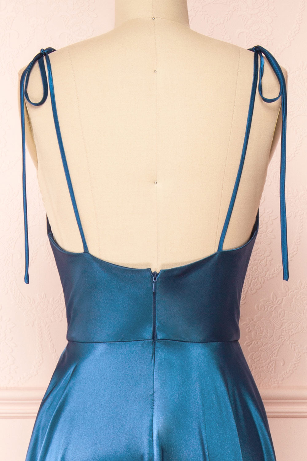 Moira Navy Cowl Neck Satin Maxi Dress w/ High Slit | Boutique 1861 back close-up