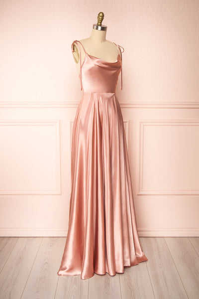 Moira Pink Cowl Neck Satin Maxi Dress w/ High Slit | Boutique 1861 side view