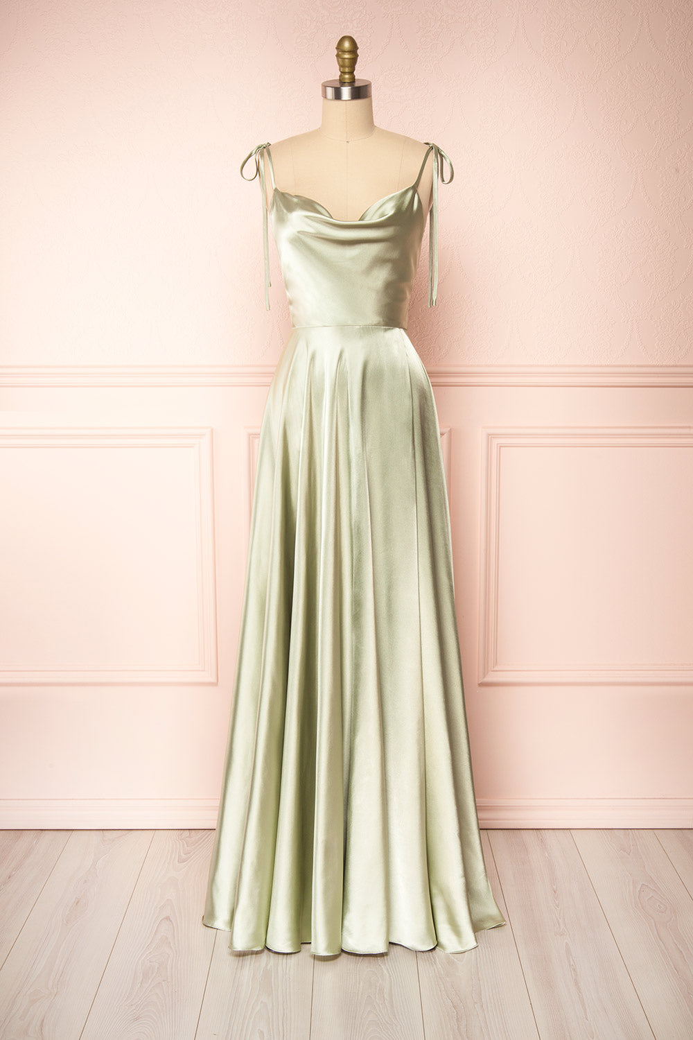Moira Sage Cowl Neck Satin Maxi Dress w/ High Slit | Boutique 1861 front view