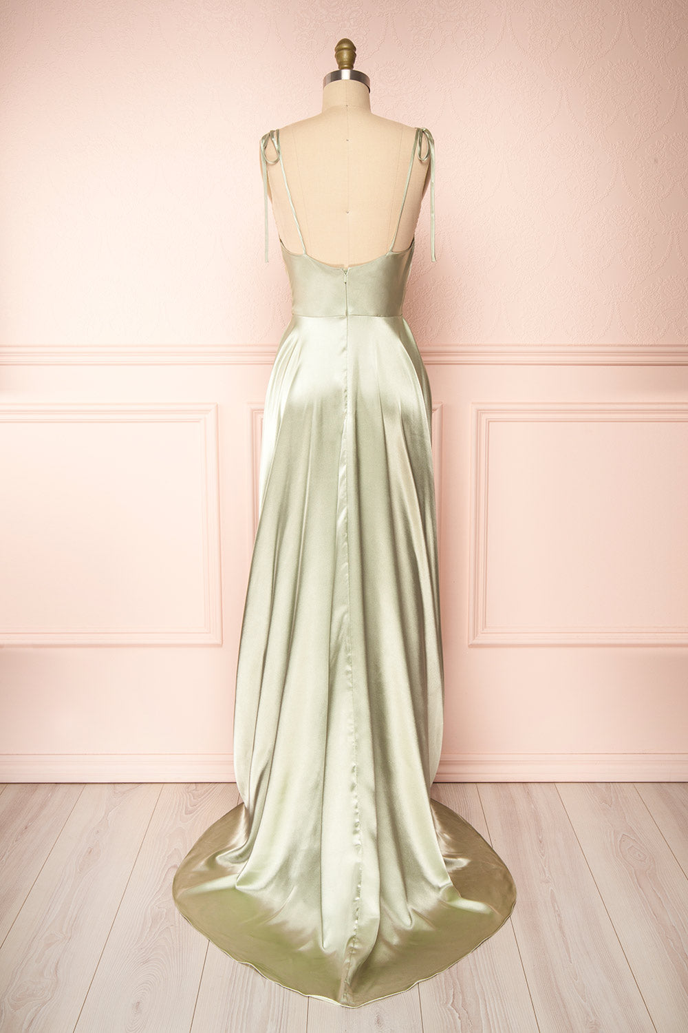 Moira Sage Cowl Neck Satin Maxi Dress w/ High Slit | Boutique 1861 back view