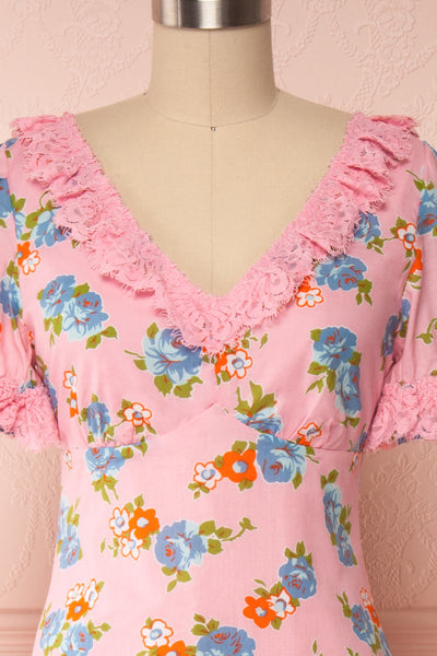 Mondina Pink Floral Short Sleeve Maxi Dress front close up | Boutique 1861