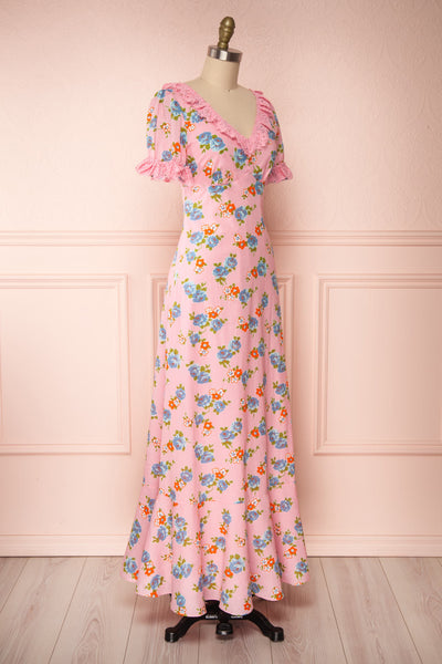 Mondina Pink Floral Short Sleeve Maxi Dress side view | Boutique 1861