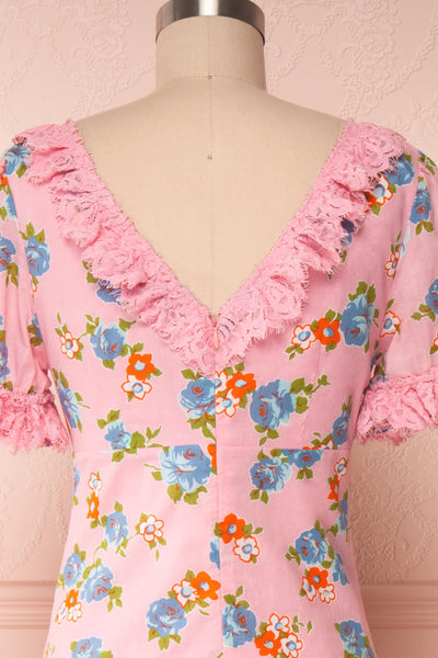 Mondina Pink Floral Short Sleeve Maxi Dress back close up | Boutique 1861