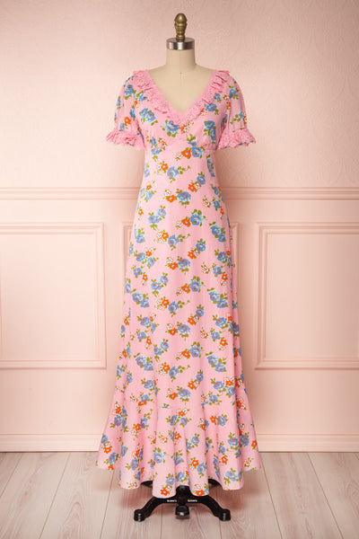 Mondina Pink Floral Short Sleeve Maxi Dress | Boutique 1861