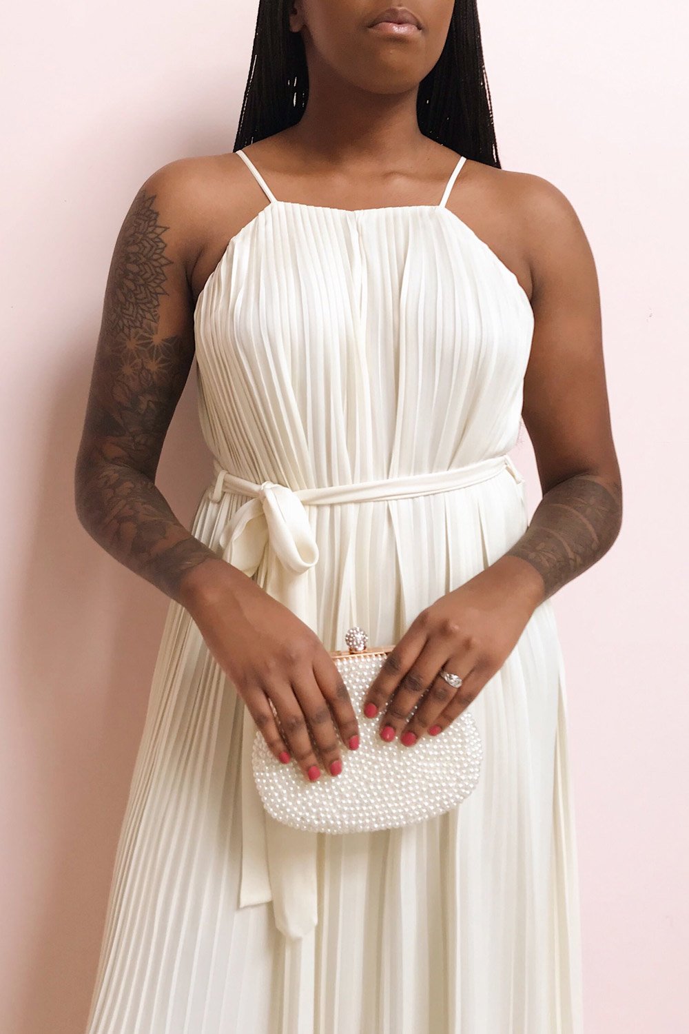 Montijo Cream Pleated Wide Leg Jumpsuit | La petite garçonne on model