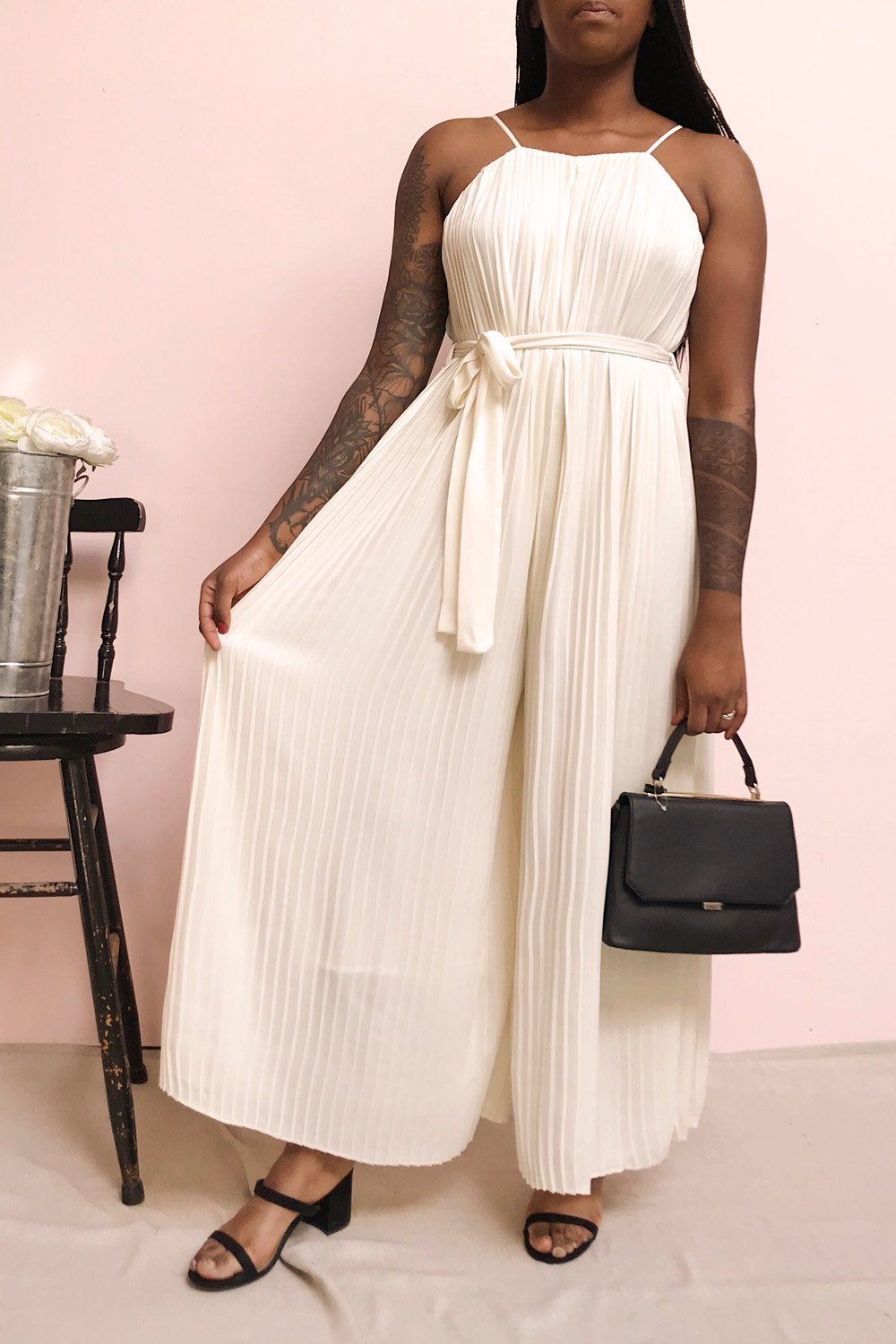 Montijo Cream Pleated Wide Leg Jumpsuit | La petite garçonne model look 1