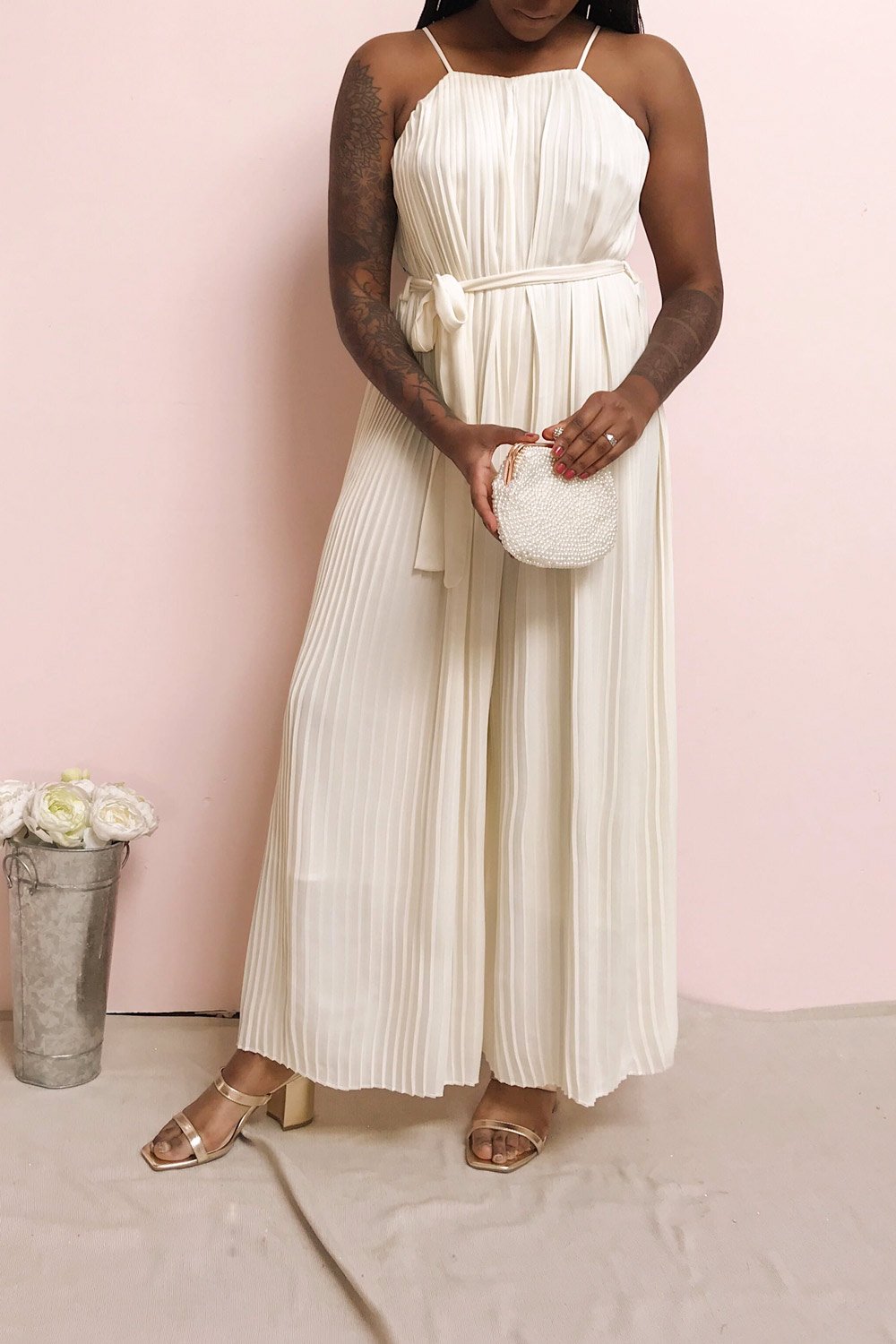 Montijo Cream Pleated Wide Leg Jumpsuit | La petite garçonne model look 2