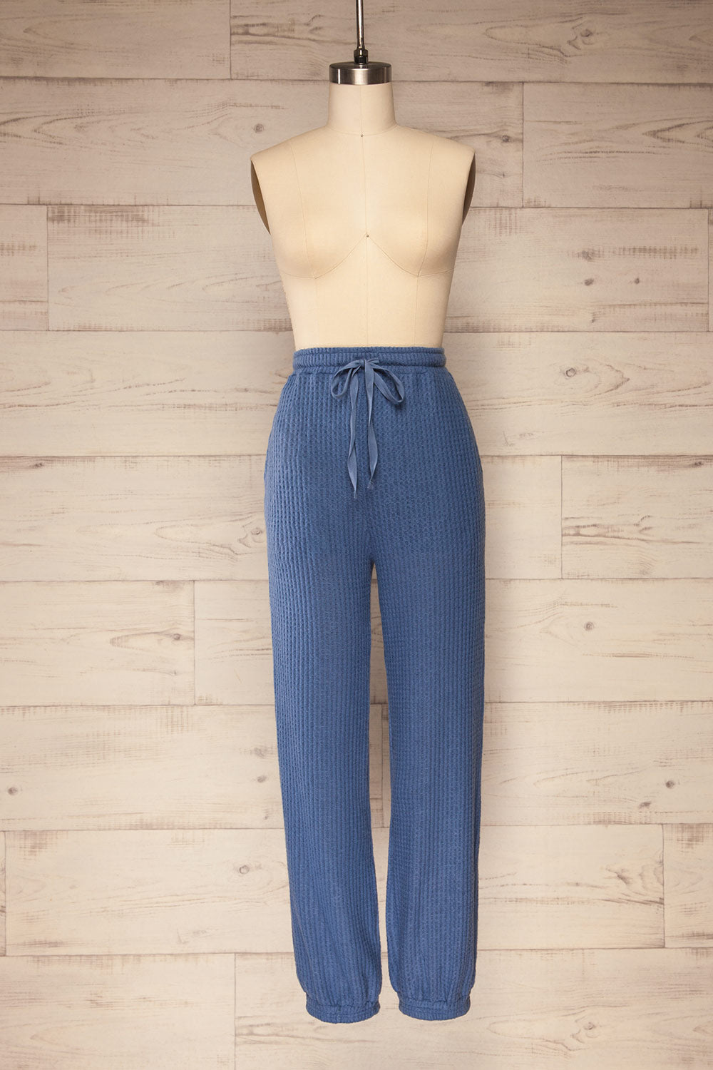 Morag Blue Knit Drawstring Joggers | La petite garçonne front view