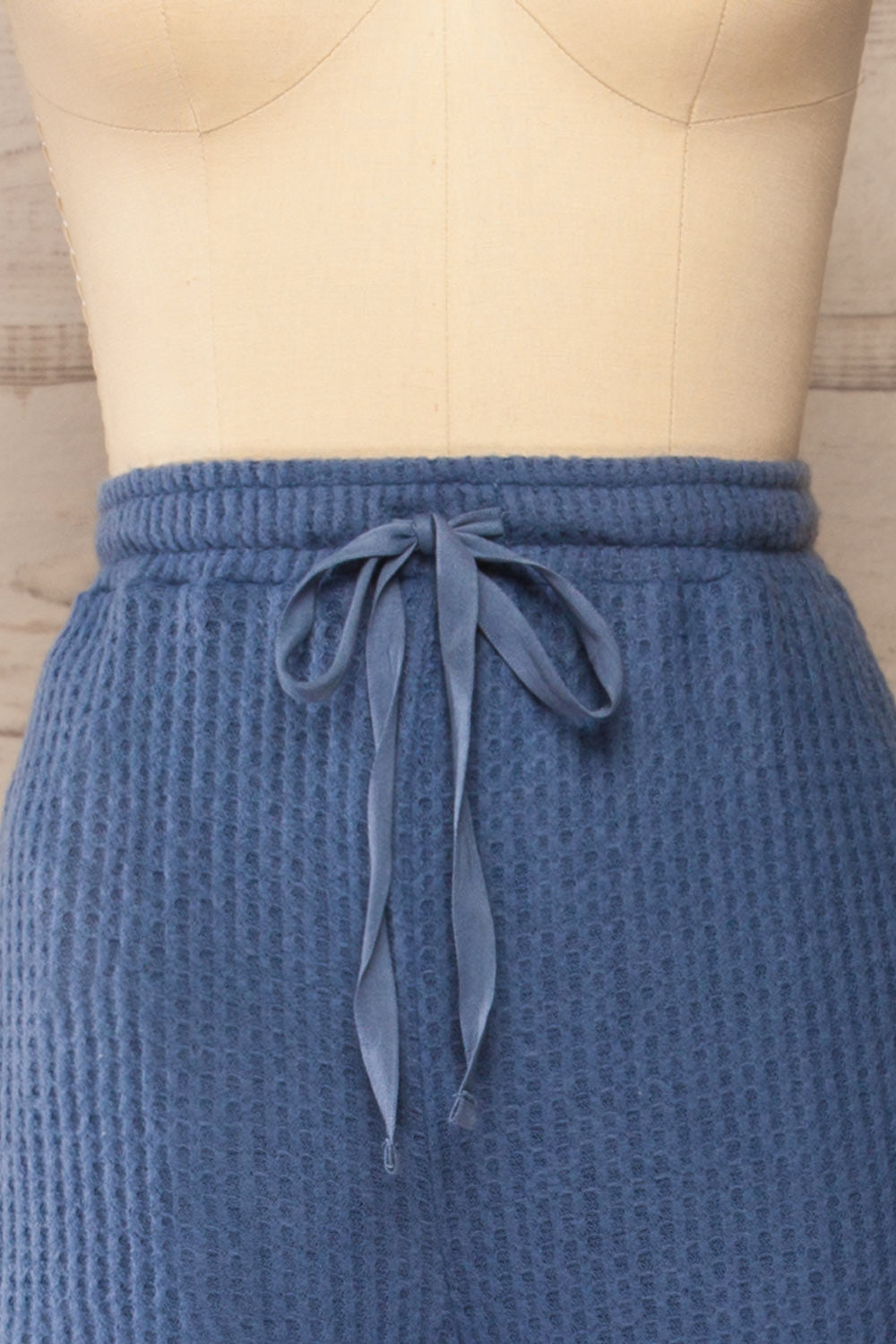 Morag Blue Knit Drawstring Joggers | La petite garçonne front close-up