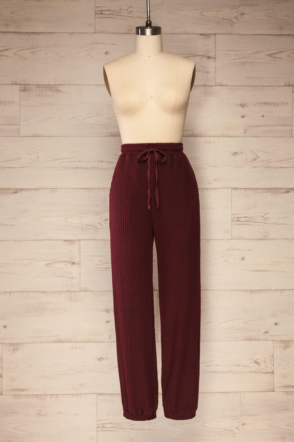 Morag Burgundy Knit Drawstring Joggers | La petite garçonne front view