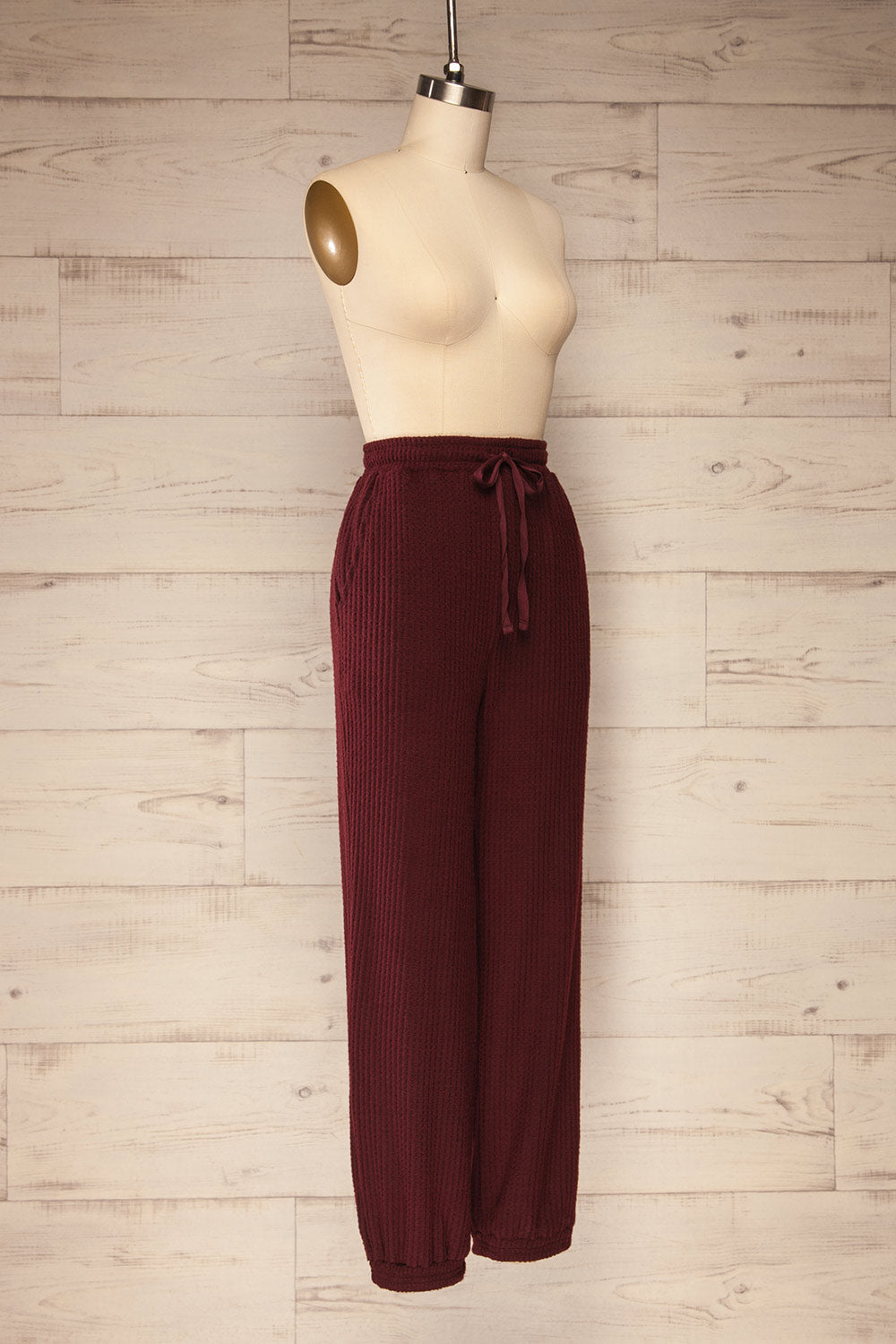 Morag Burgundy Knit Drawstring Joggers | La petite garçonne side view