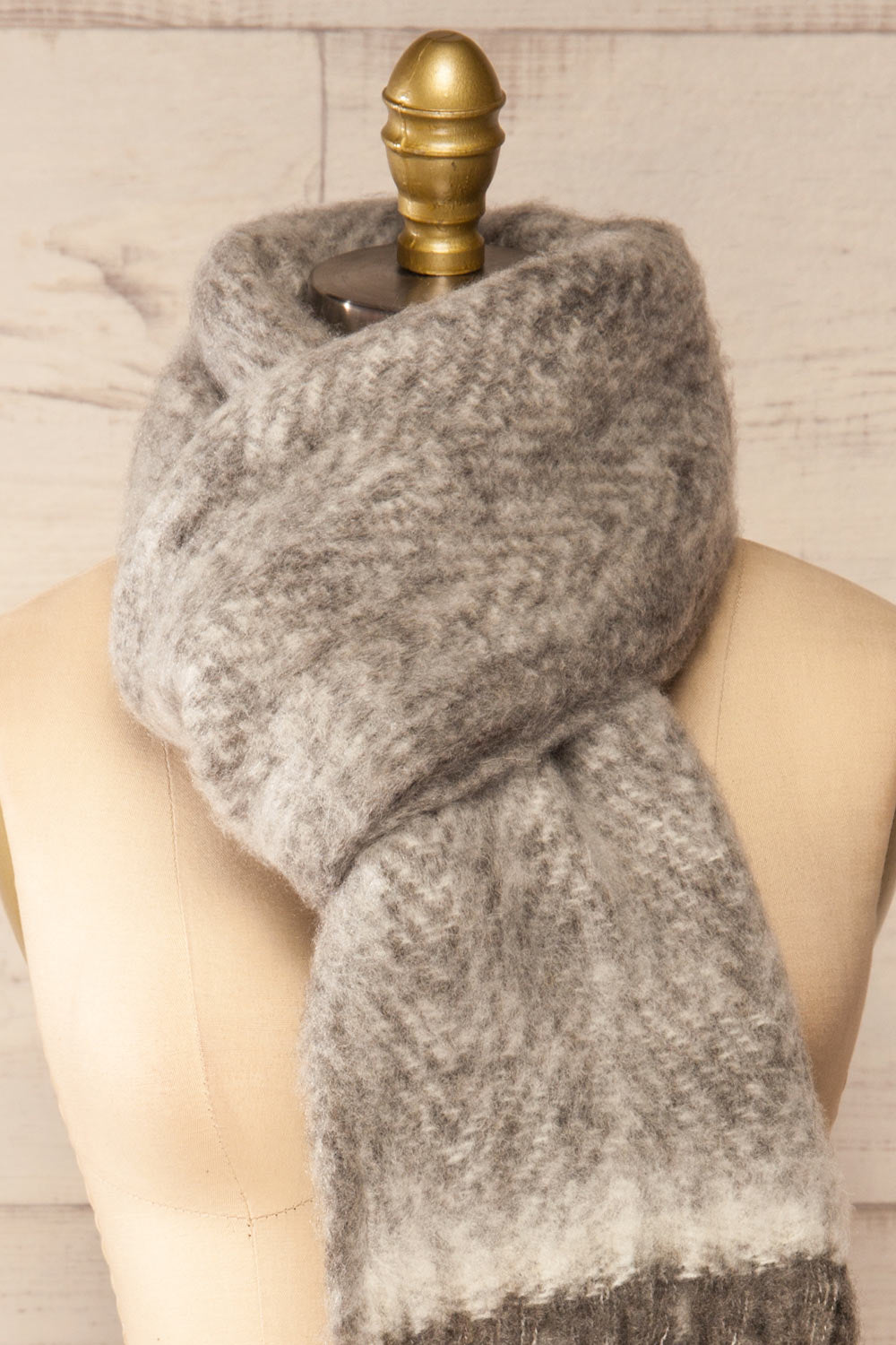 Morska Grey Soft Fringe Scarf | La petite garçonne cross close-up