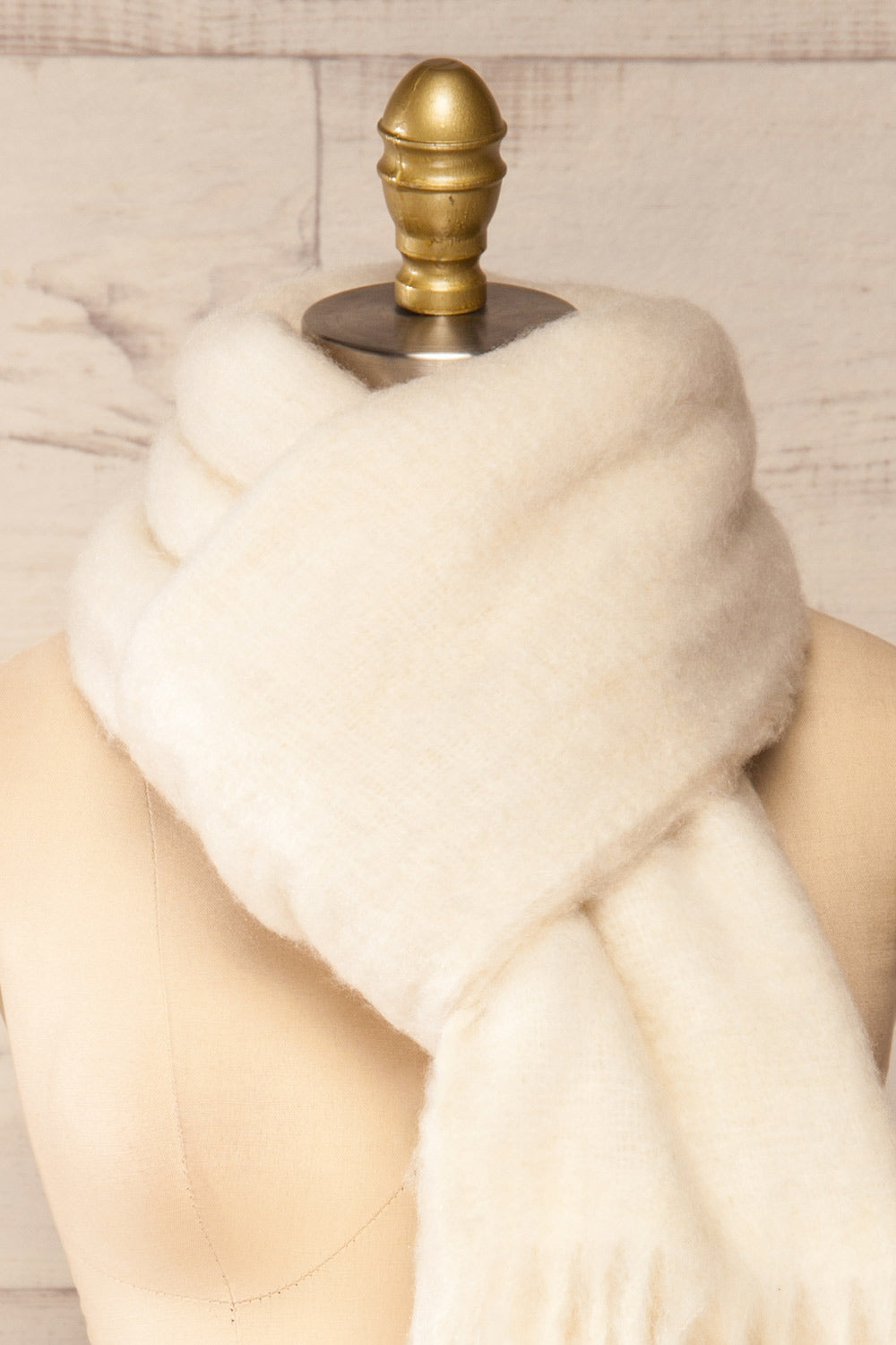 Morska Ivory Soft Fringe Scarf | La petite garçonne cross close-up