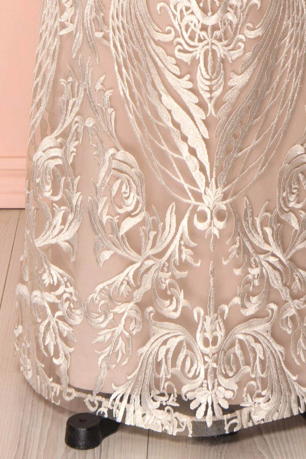 Mouna Pur Beige Embroidered Off-Shoulder Mermaid Gown | Boudoir 1861 bottom close-up