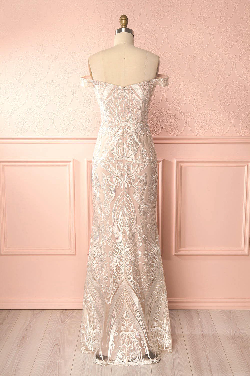 Mouna Pur Beige Embroidered Off-Shoulder Mermaid Gown | Boudoir 1861 back view