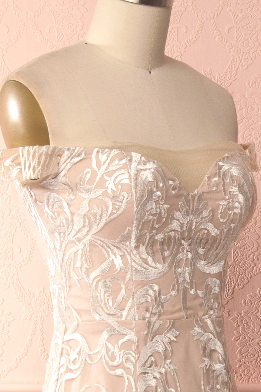 Mouna Pur Beige Embroidered Off-Shoulder Mermaid Gown | Boudoir 1861 side close-up