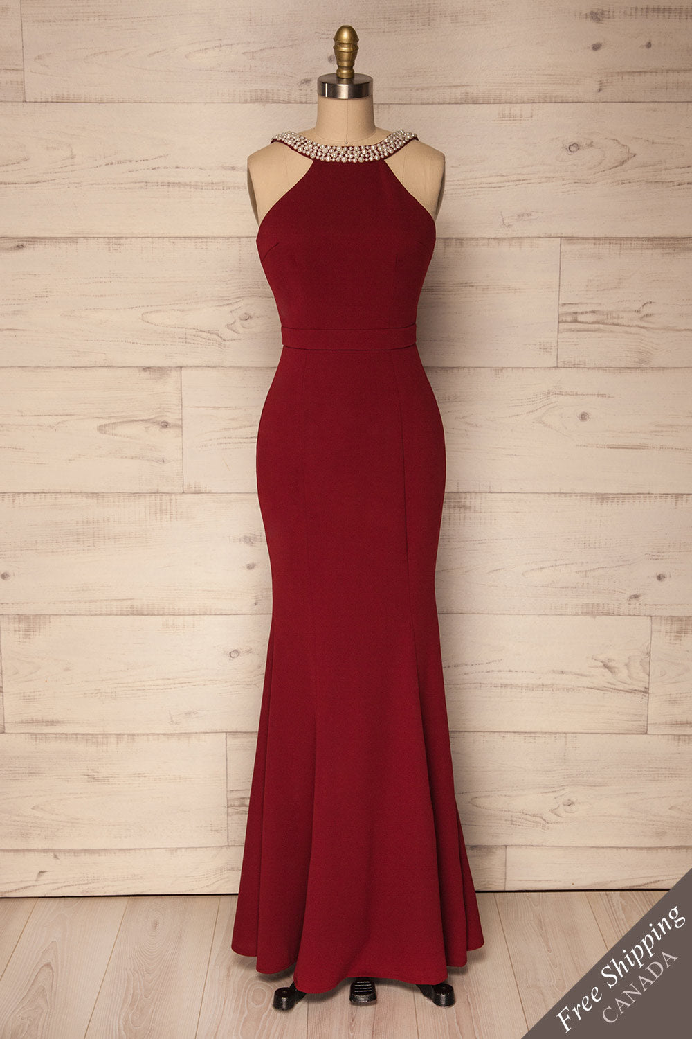 Myrina Burgundy Open Back Mermaid Gown w Pearls | La Petite Garçonne