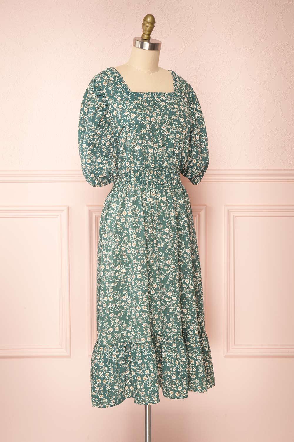 Nevzine Teal Floral 3/4 Sleeve Midi Dress | Boutique 1861 side view