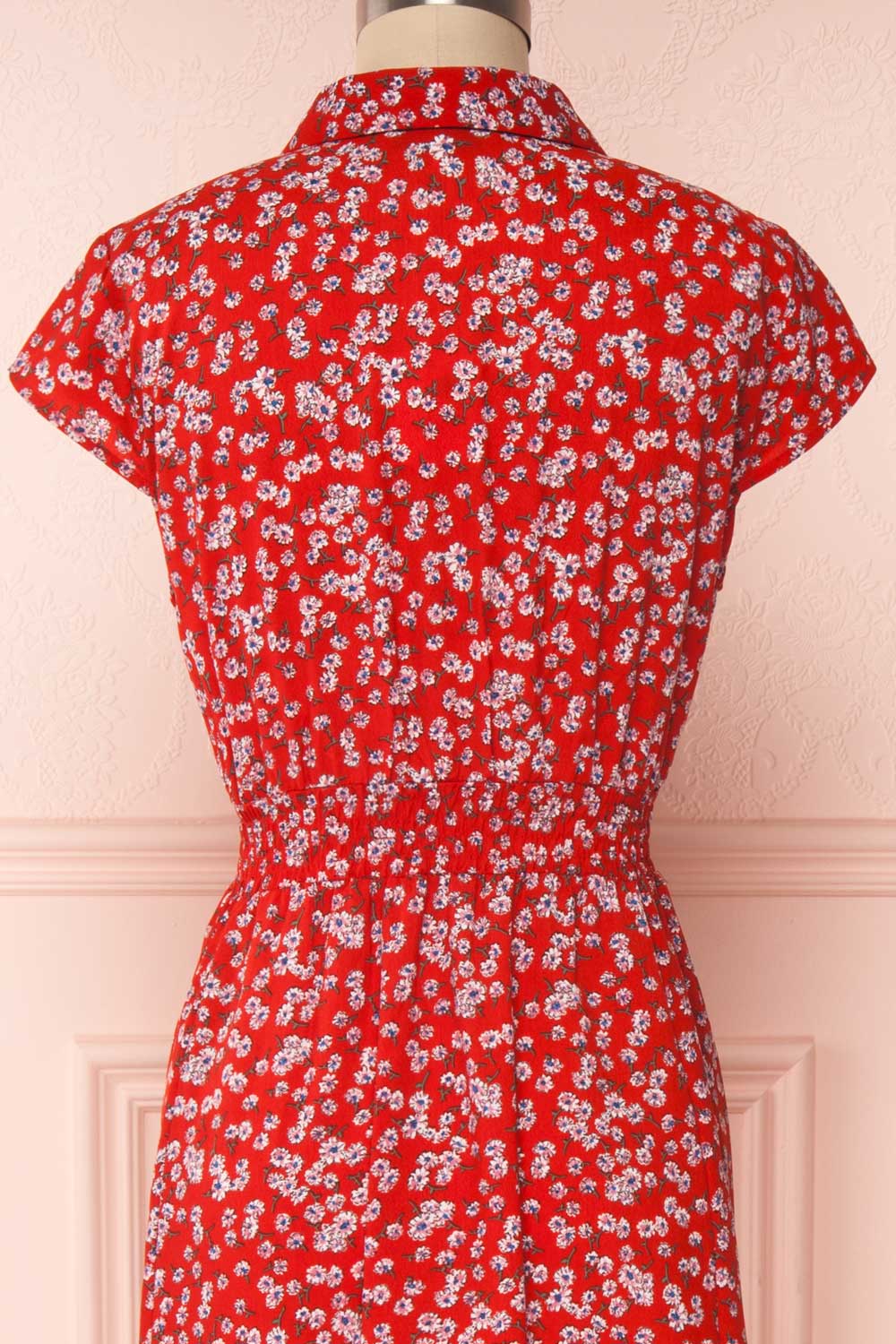 Naoka Red Floral Midi A-Line Dress | BACK CLOSE UP | Boutique 1861