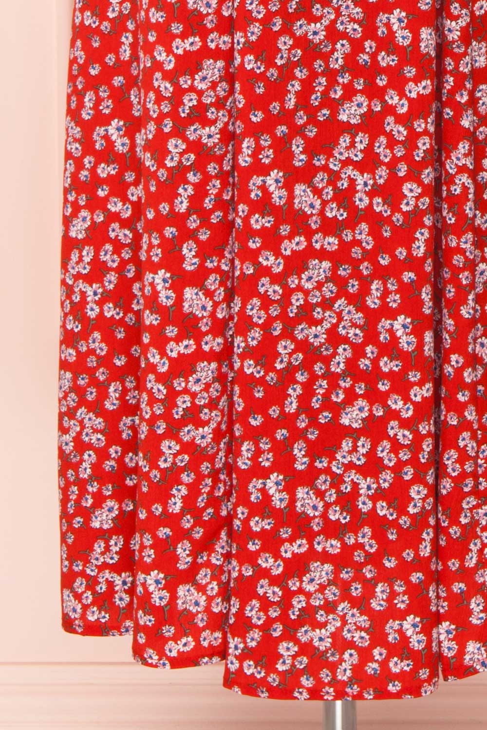 Naoka Red Floral Midi A-Line Dress | BOTTOM CLOSE UP | Boutique 1861