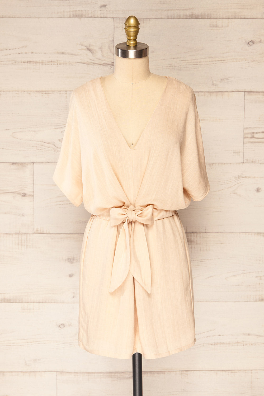 Naousa Beige V-Neck Short Sleeve Dress | La petite garçonne front view