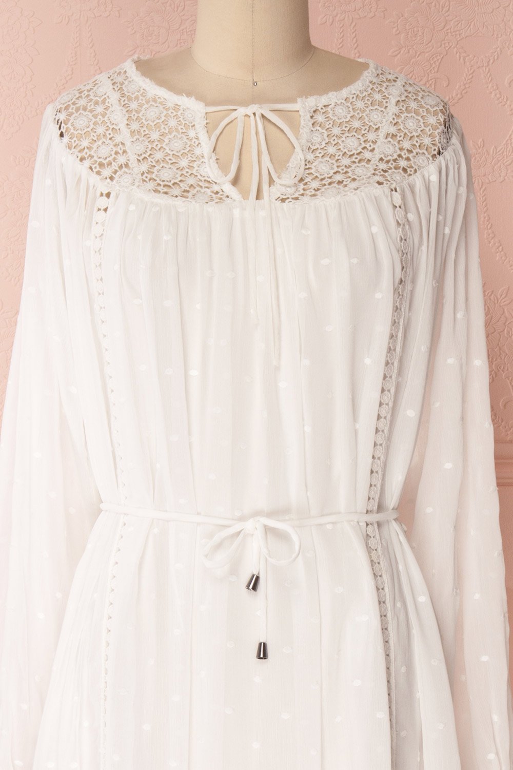 Narimen Ivory Chiffon & Embroidery Bohemian Midi Dress front close-up | Boutique 1861