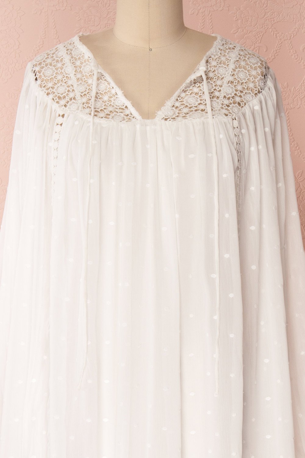 Narimen Ivory Chiffon & Embroidery Bohemian Midi Dress front open close-up | Boutique 1861