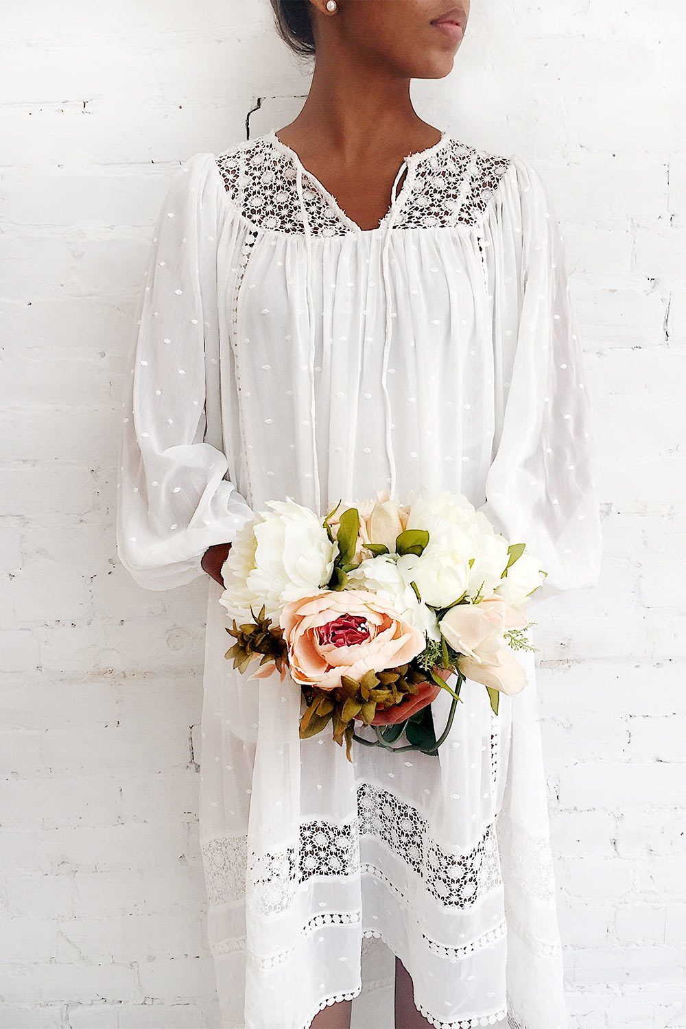 Narimen Ivory Chiffon & Embroidery Bohemian Midi Dress on mannequin | Boutique 1861