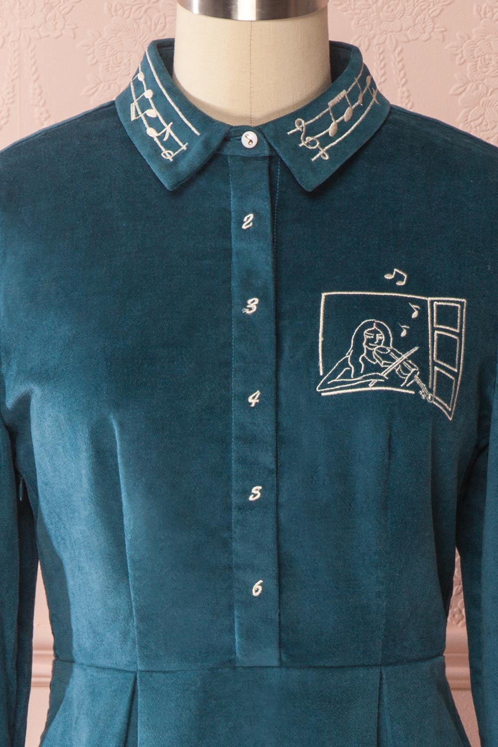 Narumi Teal Button-Up A-line Dress with Embroidery | Boutique 1861