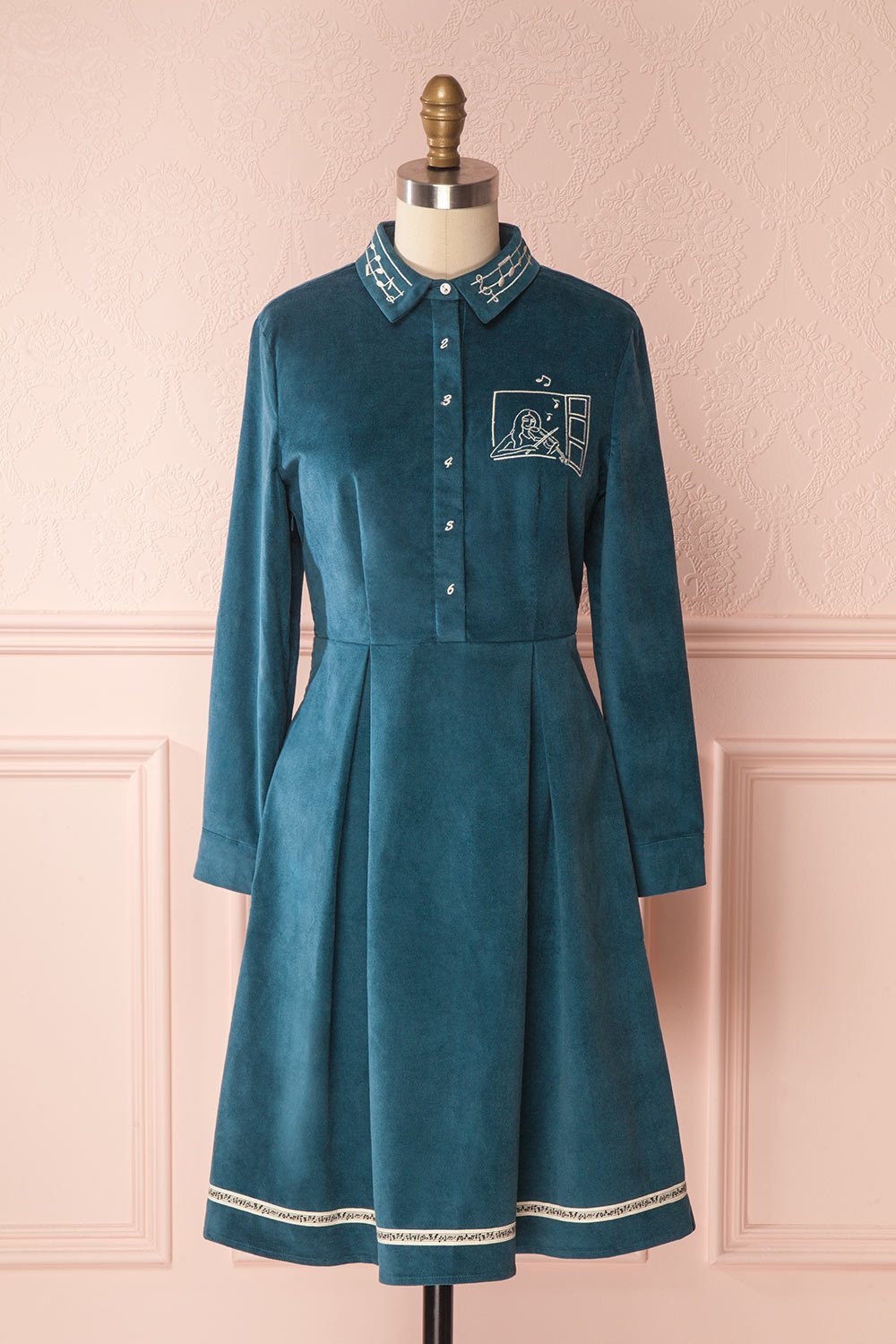 Narumi Teal Button-Up A-line Dress with Embroidery | Boutique 1861
