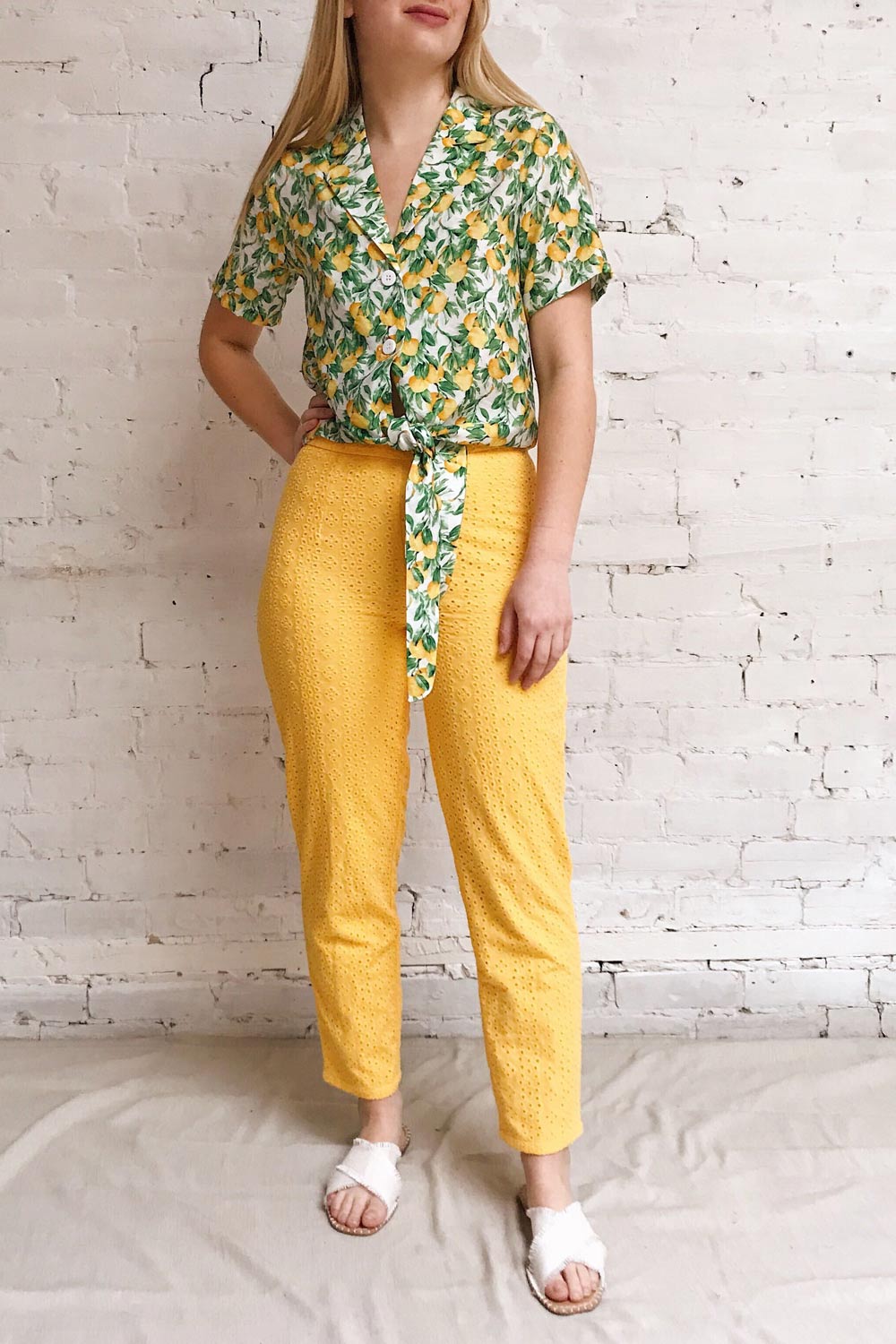 Nastasya White & Lemon Print Front Tie Blouse | Boutique 1861 model look 2