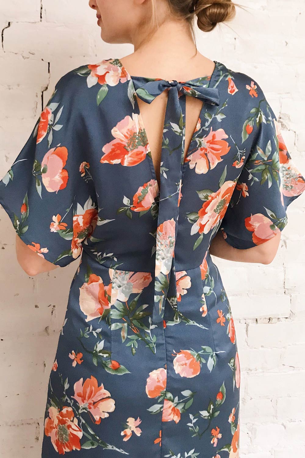 Nicolasa Blue Floral Satin A-Line Dress | Boutique 1861 on model