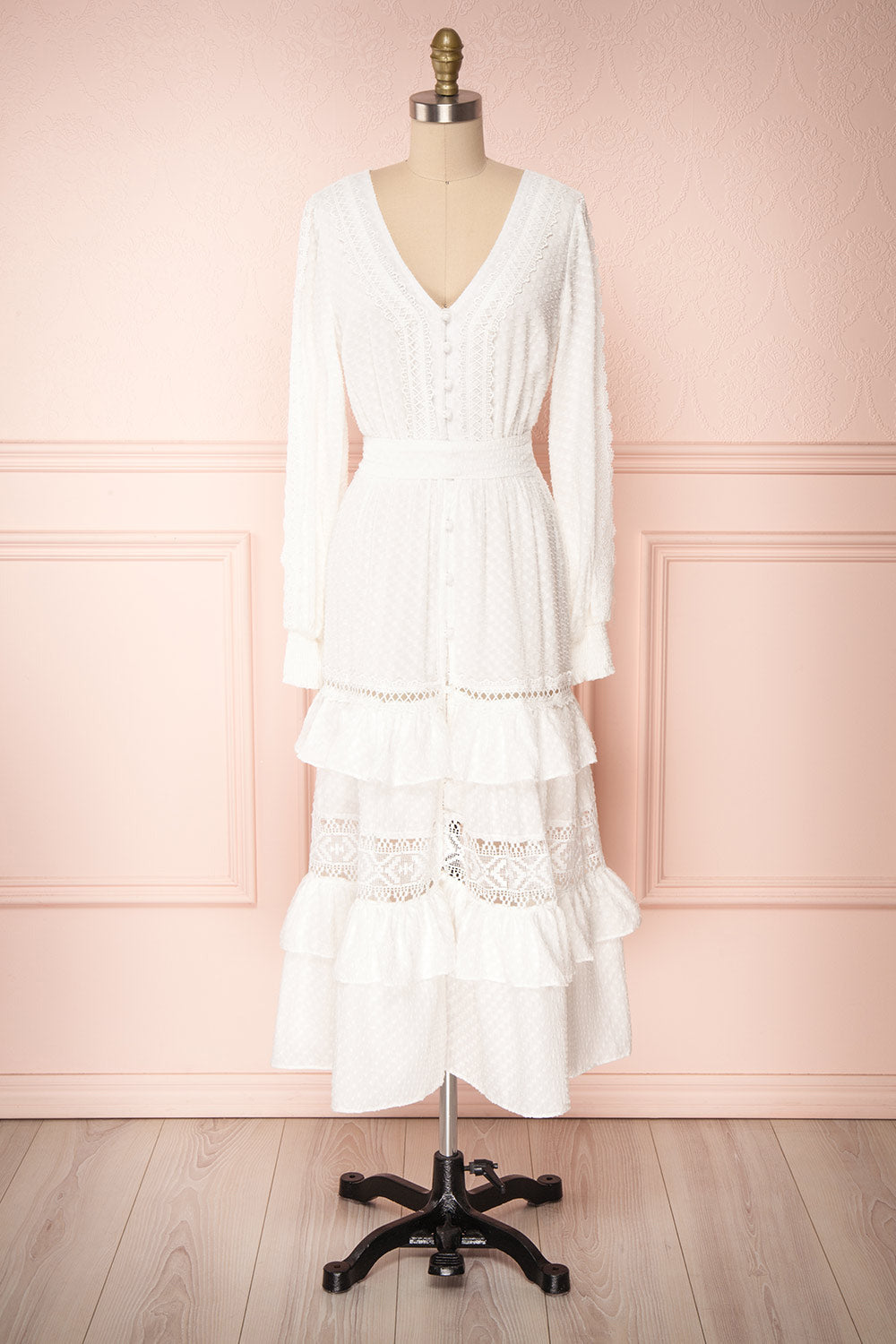 Ninnog White Long Sleeved Midi Dress with Ruffles | Boudoir 1861 front view