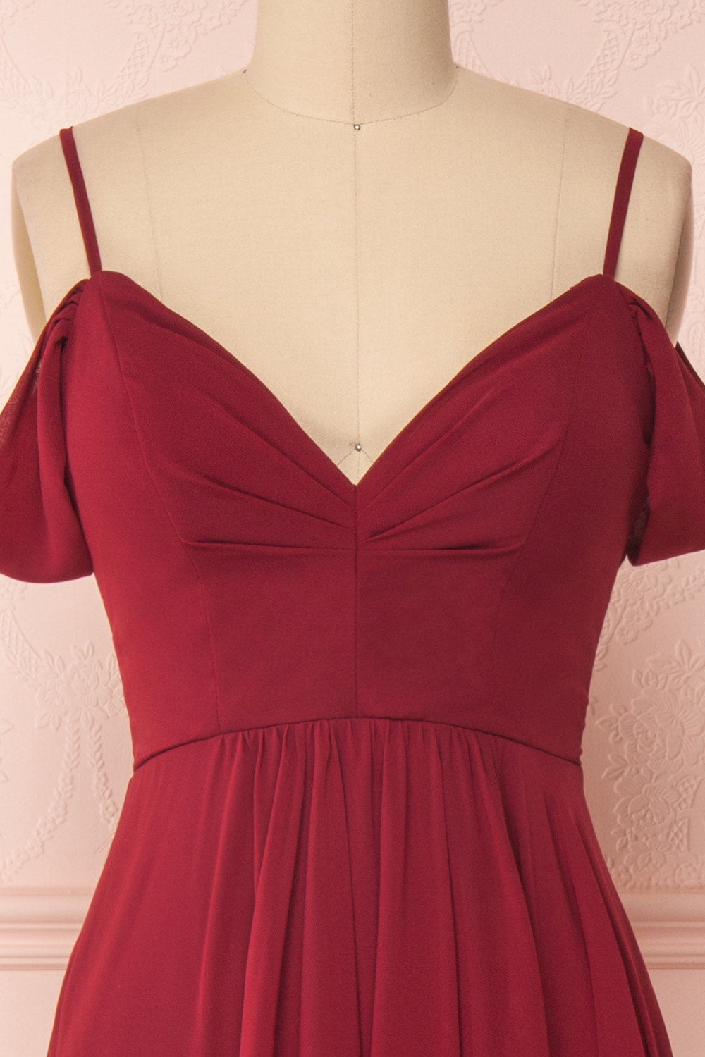 Norhai Bourgogne Burgundy Chiffon Off-Shoulder Gown | Boudoir 1861 front close-up