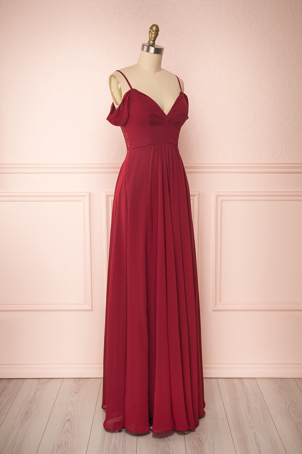 Norhai Bourgogne Burgundy Chiffon Off-Shoulder Gown | Boudoir 1861 side view