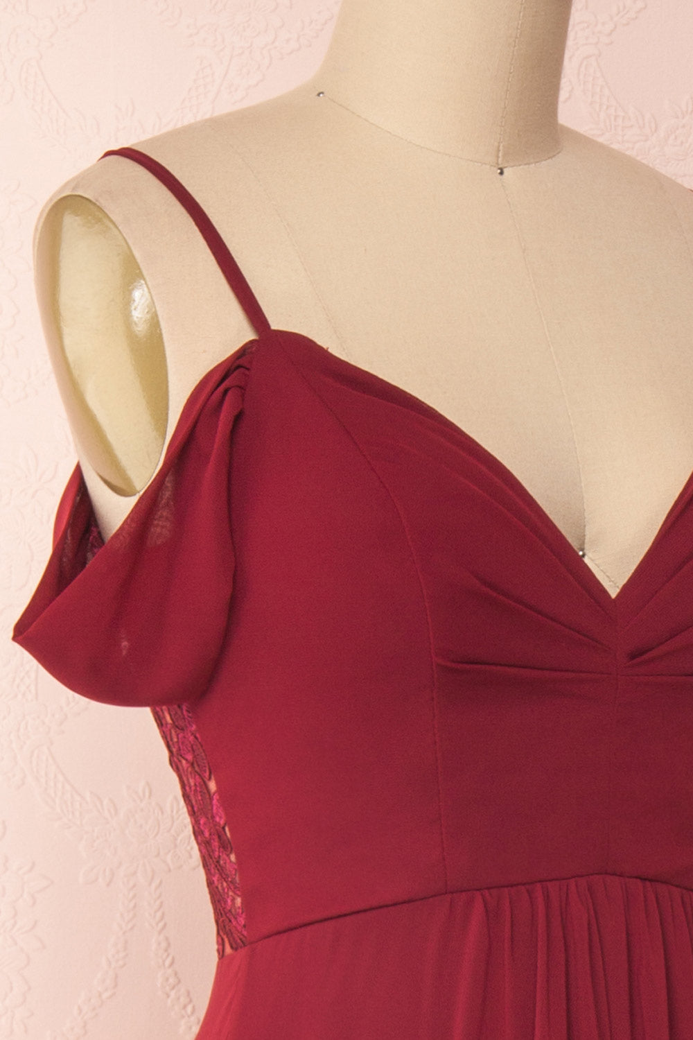 Norhai Bourgogne Burgundy Chiffon Off-Shoulder Gown | Boudoir 1861 side close-up