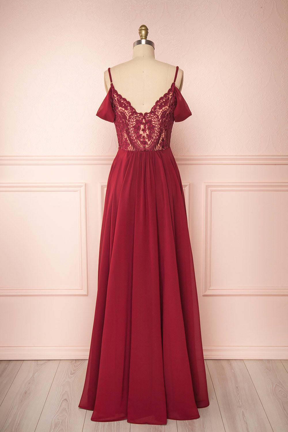 Norhai Bourgogne Burgundy Chiffon Off-Shoulder Gown | Boudoir 1861 back view