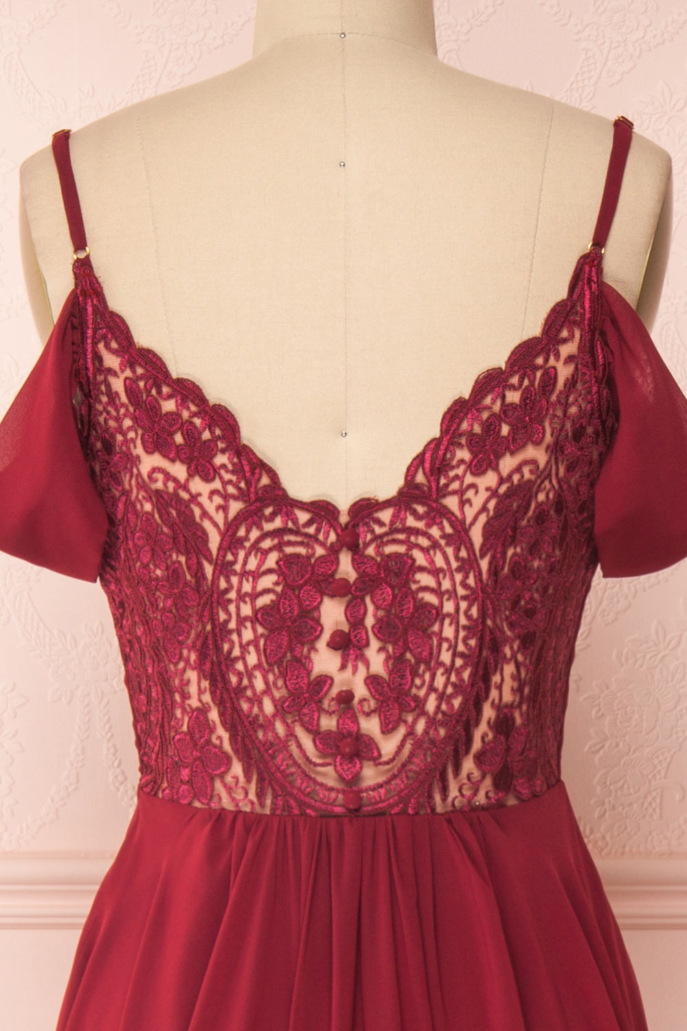 Norhai Bourgogne Burgundy Chiffon Off-Shoulder Gown | Boudoir 1861 back close-up