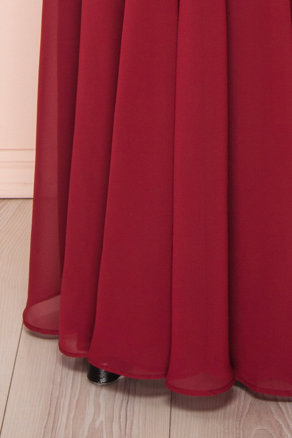 Norhai Bourgogne Burgundy Chiffon Off-Shoulder Gown | Boudoir 1861 bottom close-up
