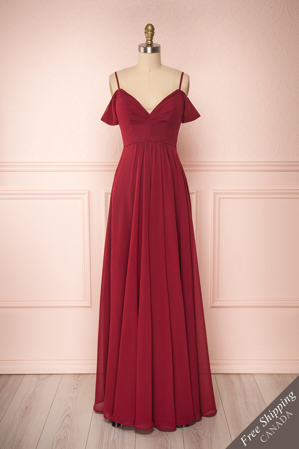 Norhai Bourgogne Burgundy Chiffon Off-Shoulder Gown | Boudoir 1861 front view