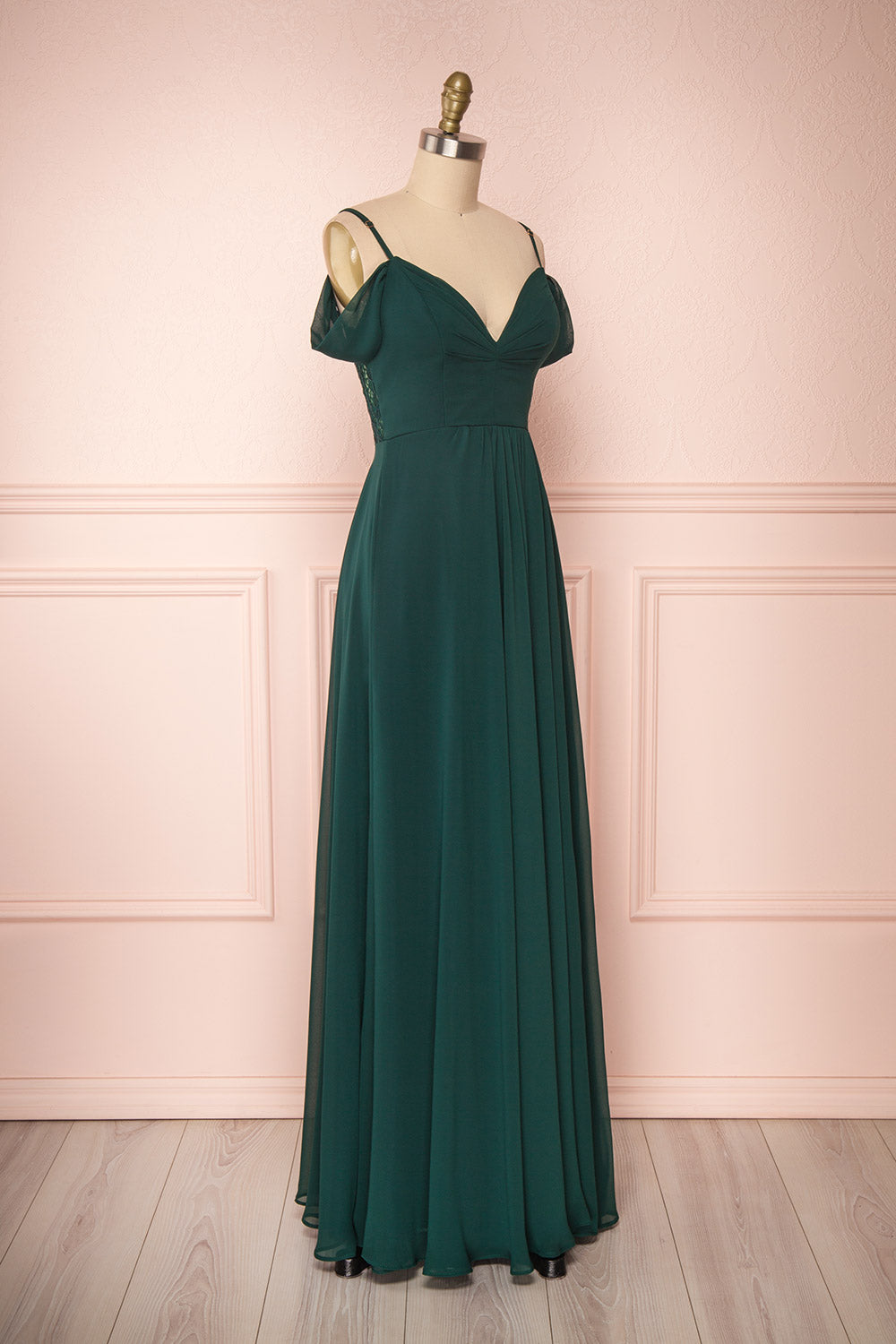 Norhai Émeraude Emerald Chiffon Off-Shoulder Gown | Boudoir 1861 side view