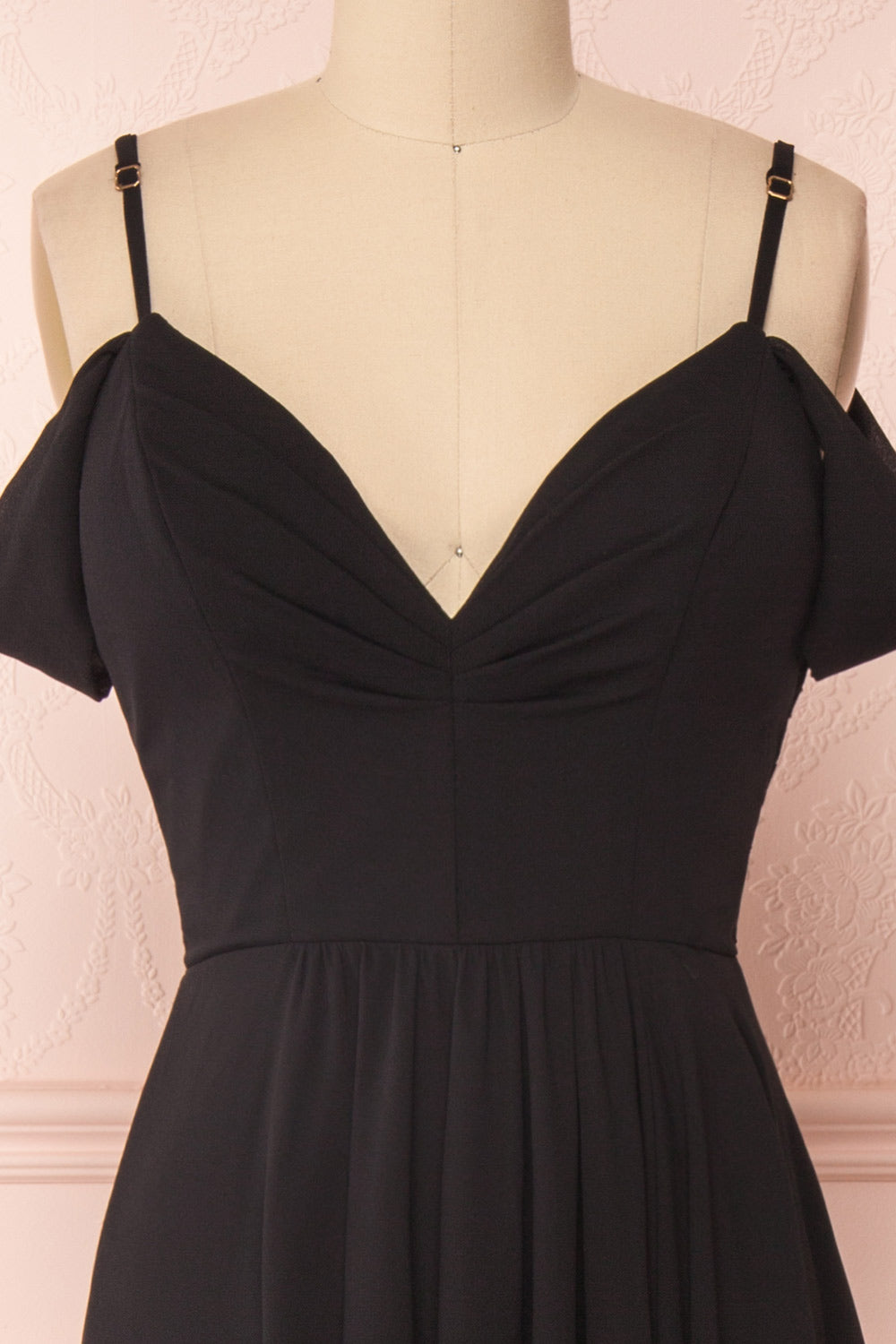 Norhai Noire Black Chiffon & Lace Off-Shoulder Gown | Boudoir 1861 front close-up