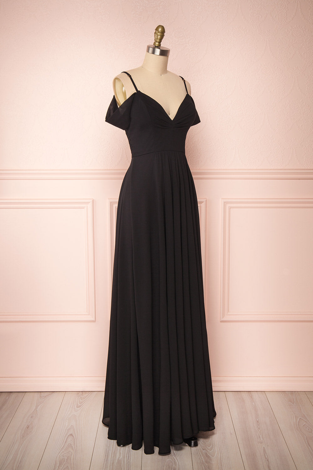 Norhai Noire Black Chiffon & Lace Off-Shoulder Gown | Boudoir 1861 side view