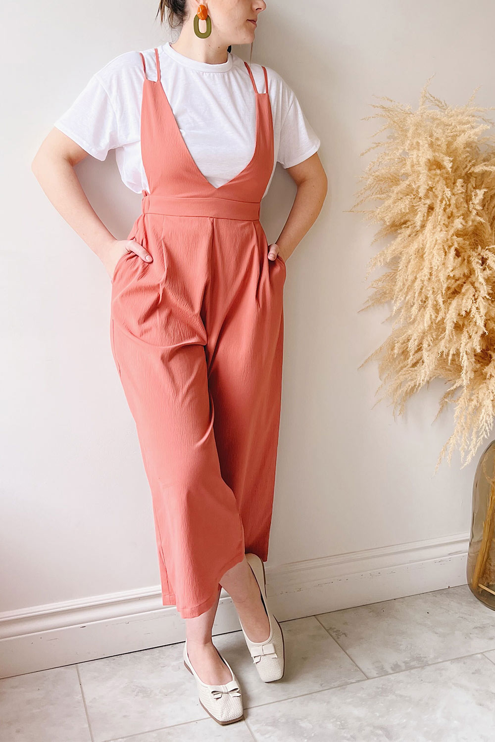 Osaka Coral V-neck Palazzo Jumpsuit w/ Open-back | La petite garçonne on model