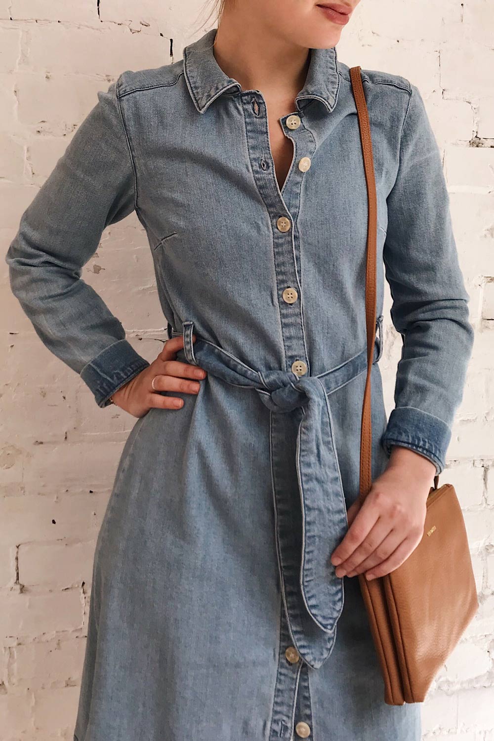 Noviligure Light Blue Denim Shirt Dress | La Petite Garçonne on model
