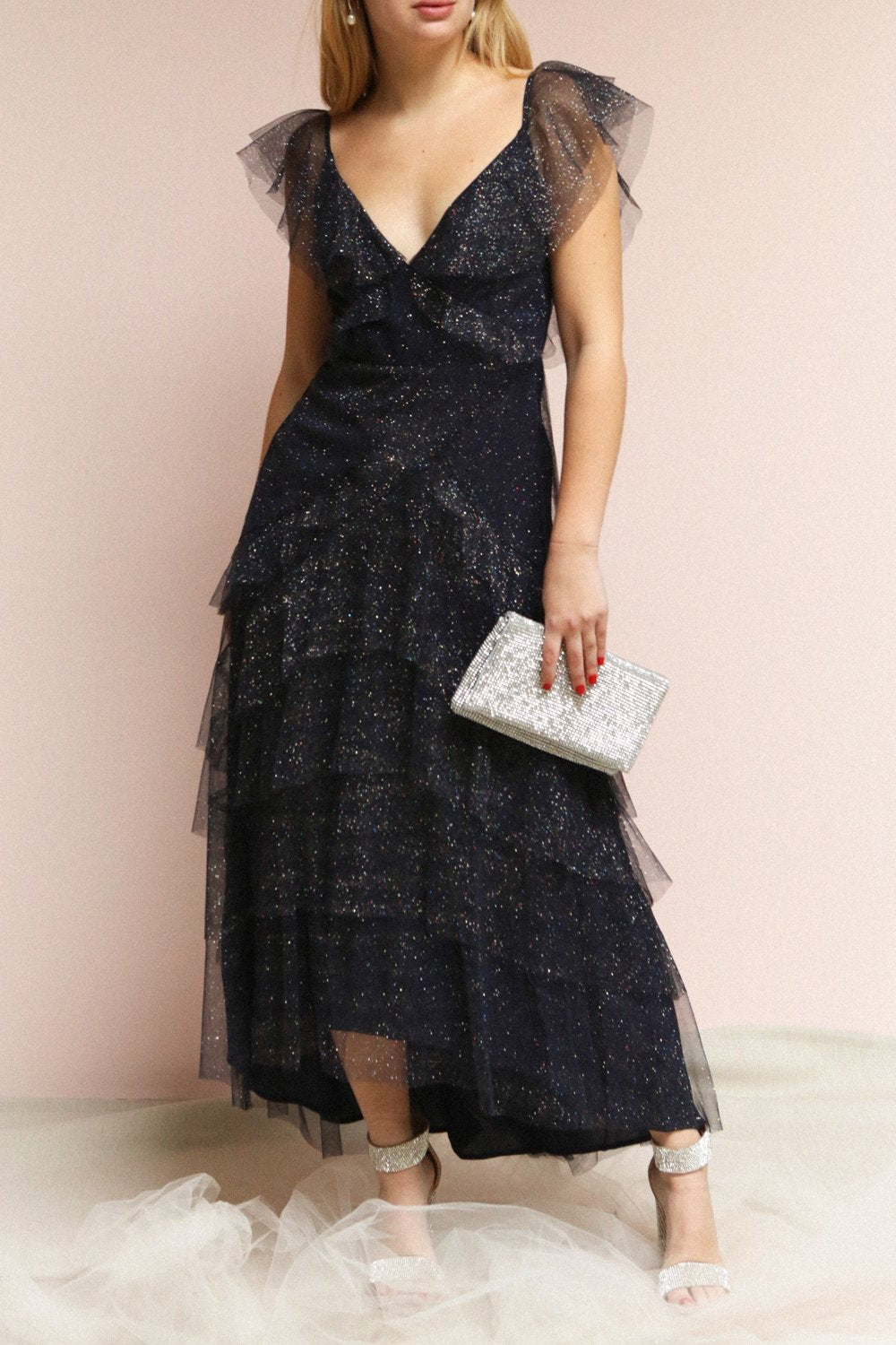 Nyssa Navy Midi Blue Tulle Dress | Boutique 1861 on caucasian model