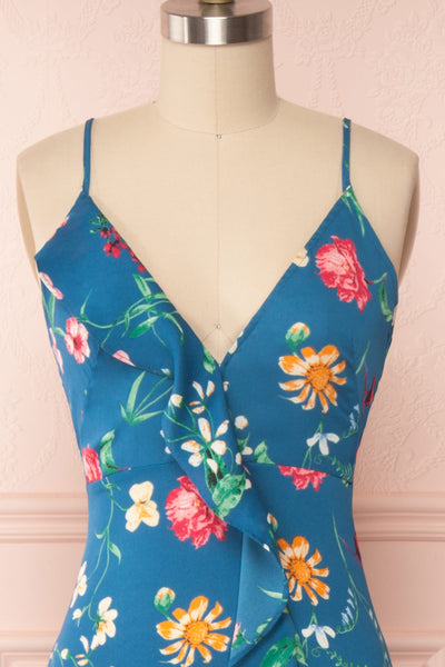Octavie Blue Floral Maxi Dress w/ Frills | Boutique 1861 front close up