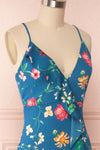 Octavie Blue Floral Maxi Dress w/ Frills | Boutique 1861 side close up