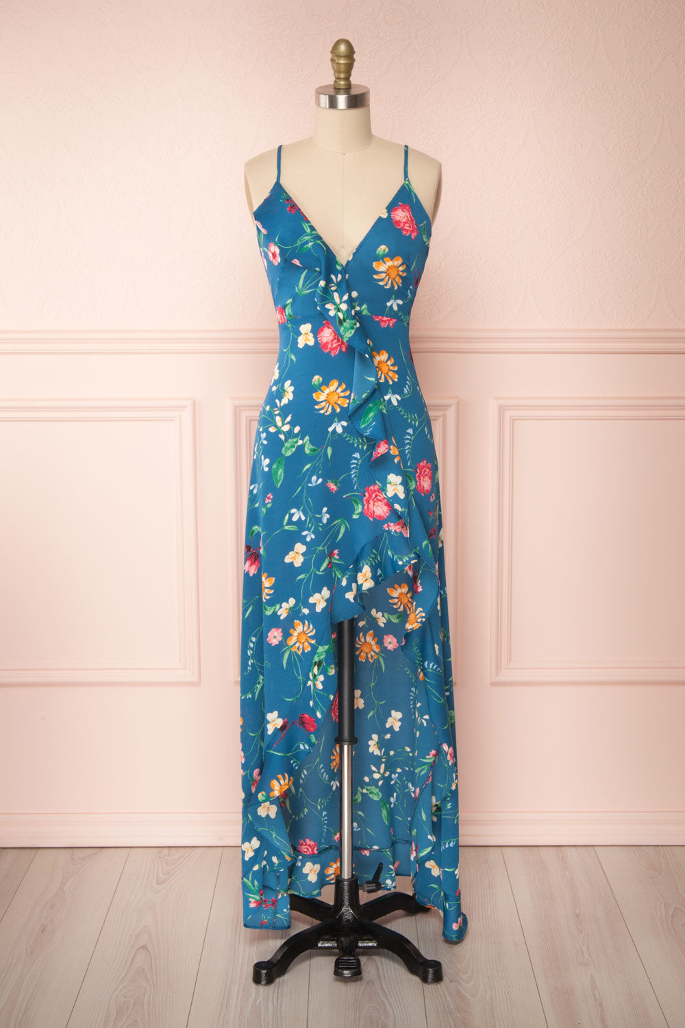 Octavie Blue Floral Maxi Dress w/ Frills | Boutique 1861 fabric